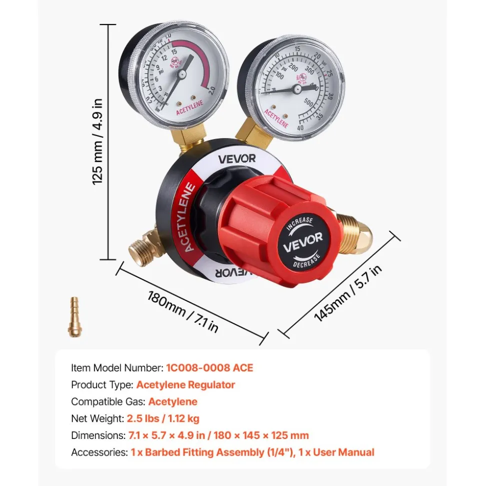 VEVOR Acetylene Regulator, Precise Acetylene Regulator, 0-500PSI Welding Gas Gauge with CGA-510 Inlet Connection & 9/16"-18 LH Outlet Connection, PC Knob Adjustment