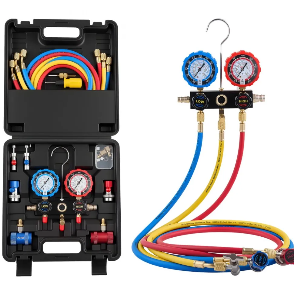 VEVOR AC Manifold Gauge Set for R134a R404A R1234yf R22 Refrigerant, 3 Way AC Gauge with 5 ft Hoses, Adapters, Quick Couplers, Can Taps for Automotive Air Conditioning Maintenance, Charging Evacuation