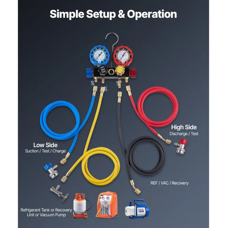 VEVOR AC Manifold Gauge Set for R22 R404A R410A R12 Refrigerants, 4 Way AC Gauges with 5 ft Hoses for Automotive & Household Air Conditioning Maintenance, Evacuation Vacuuming Charging and Recovery