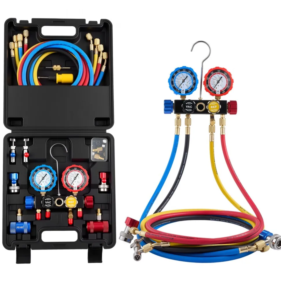 VEVOR AC Manifold Gauge Set for R22 R404A R410A R12 Refrigerants, 4 Way AC Gauges with 5 ft Hoses for Automotive & Household Air Conditioning Maintenance, Evacuation Vacuuming Charging and Recovery