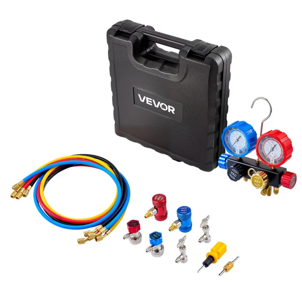 VEVOR AC Manifold Gauge Set for R22 R404A R410A R12 Refrigerants, 4 Way AC Gauges with 5 ft Hoses for Automotive & Household Air Conditioning Maintenance, Evacuation Vacuuming Charging and Recovery