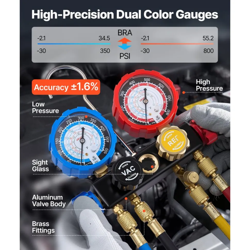 VEVOR AC Manifold Gauge Set for R22 R404A R410A R12 Refrigerants, 4 Way AC Gauges with 5 ft Hoses for Automotive & Household Air Conditioning Maintenance, Evacuation Vacuuming Charging and Recovery