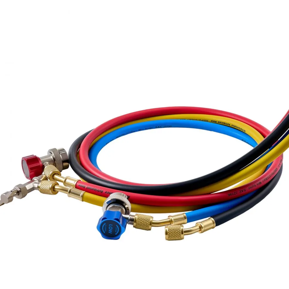 VEVOR AC Manifold Gauge Set for R22 R404A R410A R12 Refrigerants, 4 Way AC Gauges with 5 ft Hoses for Automotive & Household Air Conditioning Maintenance, Evacuation Vacuuming Charging and Recovery