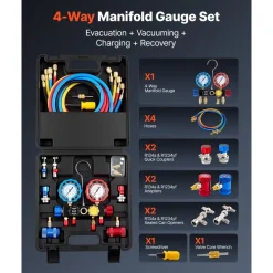 VEVOR AC Manifold Gauge Set for R22 R404A R410A R12 Refrigerants, 4 Way AC Gauges with 5 ft Hoses for Automotive & Household Air Conditioning Maintenance, Evacuation Vacuuming Charging and Recovery