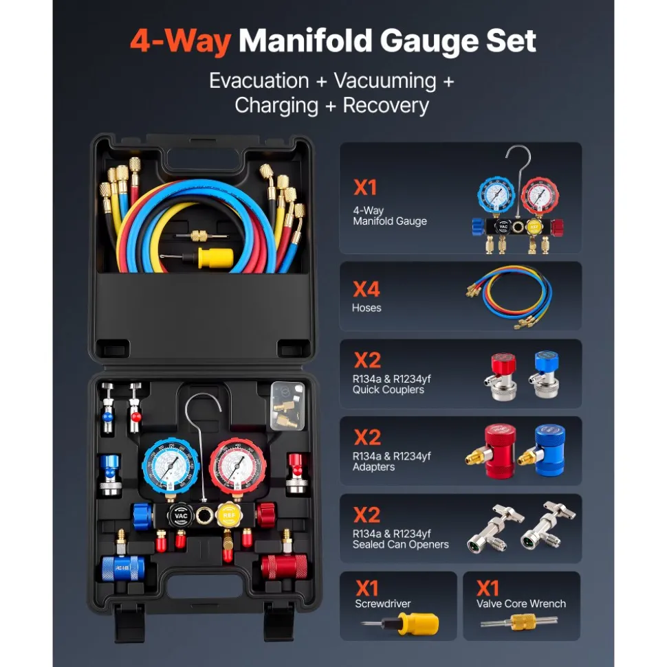 VEVOR AC Manifold Gauge Set for R22 R404A R410A R12 Refrigerants, 4 Way AC Gauges with 5 ft Hoses for Automotive & Household Air Conditioning Maintenance, Evacuation Vacuuming Charging and Recovery