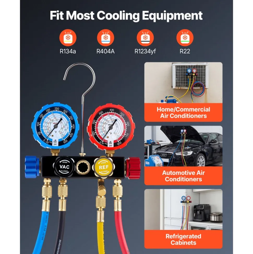 VEVOR AC Manifold Gauge Set for R22 R404A R410A R12 Refrigerants, 4 Way AC Gauges with 5 ft Hoses for Automotive & Household Air Conditioning Maintenance, Evacuation Vacuuming Charging and Recovery