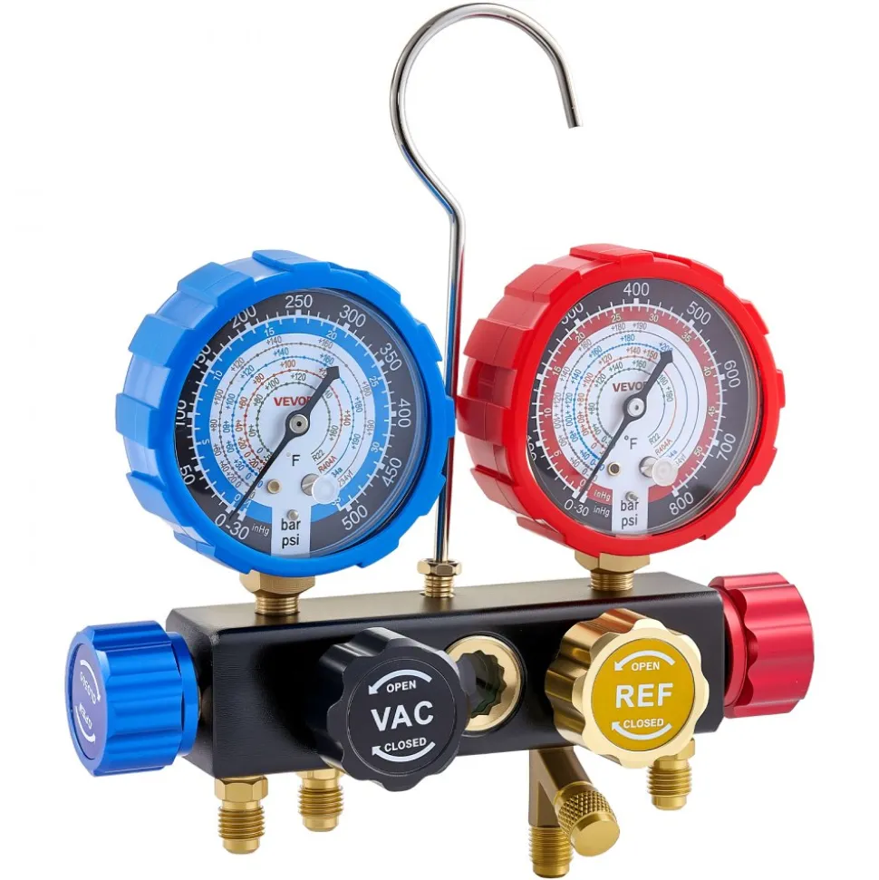 VEVOR AC Manifold Gauge Set for R22 R404A R410A R12 Refrigerants, 4 Way AC Gauges with 5 ft Hoses for Automotive & Household Air Conditioning Maintenance, Evacuation Vacuuming Charging and Recovery