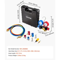 VEVOR AC Manifold Gauge Set for R22 R404A R410A R12 Refrigerants, 4 Way AC Gauges with 5 ft Hoses for Automotive & Household Air Conditioning Maintenance, Evacuation Vacuuming Charging and Recovery