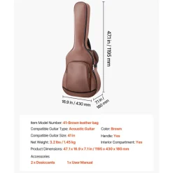 VEVOR Acoustic Guitar Bag , 47.1 Inch, Hard-Shell Protective Travel Carrying Case with Accessory Compartment, Foam Padding, Portable Handle, Shoulder Straps, for 41 Inch Acoustic Guitars, Brown