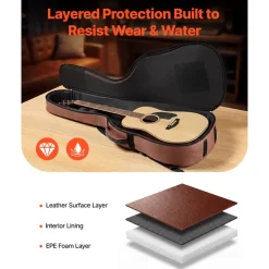 VEVOR Acoustic Guitar Bag , 47.1 Inch, Hard-Shell Protective Travel Carrying Case with Accessory Compartment, Foam Padding, Portable Handle, Shoulder Straps, for 41 Inch Acoustic Guitars, Brown