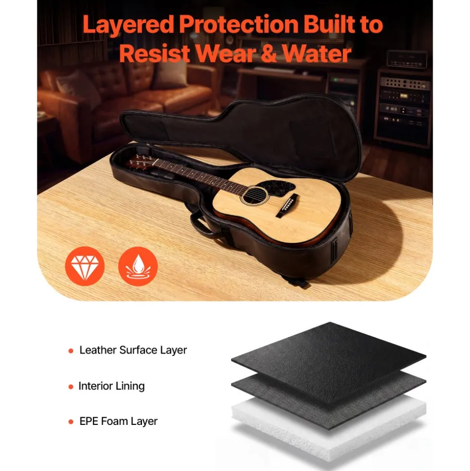 VEVOR Acoustic Guitar Bag, 47.1 Inch, Hard-Shell Protective Travel Carrying Case with Accessory Compartment, Foam Padding, Portable Handle, Shoulder Straps, for 41 Inch Acoustic Guitars, Black