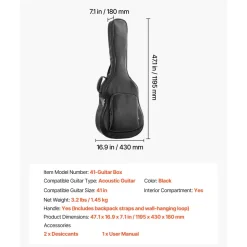 VEVOR Acoustic Guitar Bag, 47.1 Inch, Hard-Shell Protective Travel Carrying Case with Accessory Compartment, Foam Padding, Portable Handle, Shoulder Straps, for 41 Inch Acoustic Guitars, Black