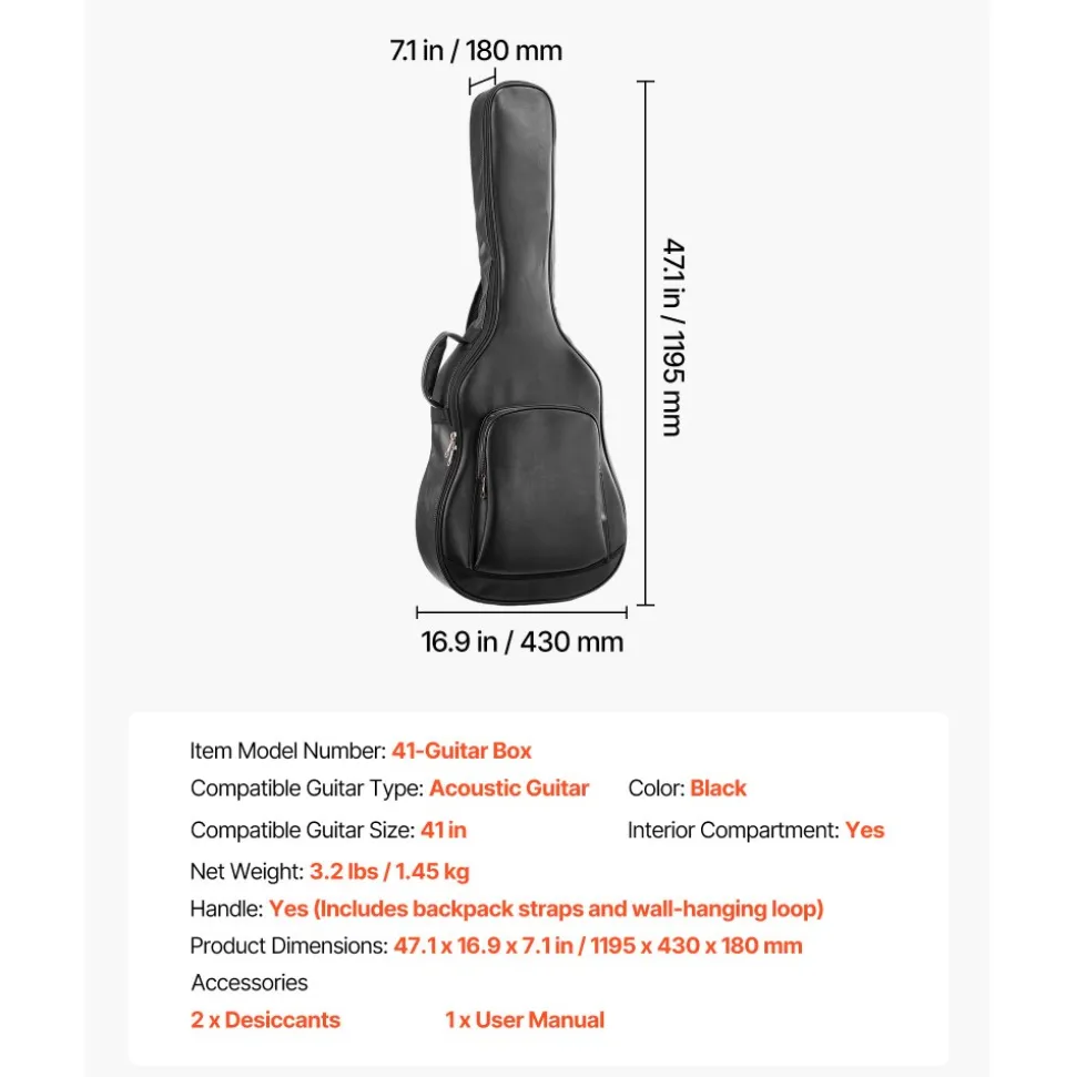 VEVOR Acoustic Guitar Bag, 47.1 Inch, Hard-Shell Protective Travel Carrying Case with Accessory Compartment, Foam Padding, Portable Handle, Shoulder Straps, for 41 Inch Acoustic Guitars, Black