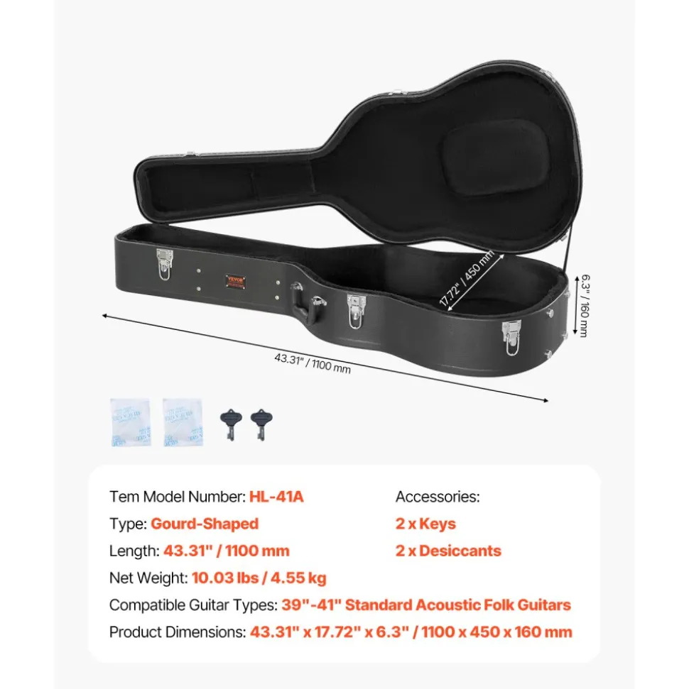 VEVOR Acoustic Guitar Hard Case, 43.31 in Gourd-Shaped Guitar Hard Case, With Lock Latch Key Handle, PVC Padding Soft Lining Water-Resistant Hard Shell Guitar Case, for 39-41 in Acoustic Guitar, Black