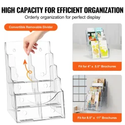 VEVOR Acrylic Brochure Holder 8.5 x 11 inch, 4-Tier Clear Acrylic Literature Display Stand, Plastic Literature Organizer Flyer Stand & Removable Divider for Office Exhibition, Countertop or Wall Mount