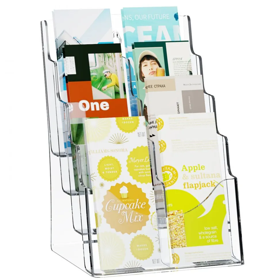 VEVOR Acrylic Brochure Holder 8.5 x 11 inch, 4-Tier Clear Acrylic Literature Display Stand, Plastic Literature Organizer Flyer Stand & Removable Divider for Office Exhibition, Countertop or Wall Mount
