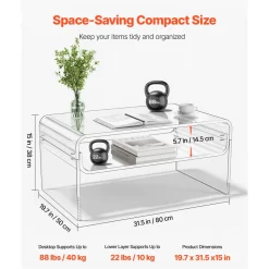 VEVOR Acrylic Coffee Table, 2 Tiers Center Table with Storage Shelf, Modern Rectangle Acrylic Coffee Desk, Ideal for Dining Room, Kitchen Island, Restaurant, Office, 19.7 x 31.5 x 15 in (Clear)
