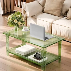 VEVOR Acrylic Coffee Table, 2 Tiers Center Table with Storage Shelf, Modern Rectangle Acrylic Coffee Desk, Ideal for Dining Room, Kitchen Island, Restaurant, Office, 19.7 x 31.5 x 15.7 in (Green)