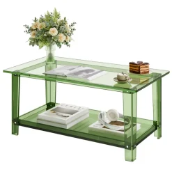 VEVOR Acrylic Coffee Table, 2 Tiers Center Table with Storage Shelf, Modern Rectangle Acrylic Coffee Desk, Ideal for Dining Room, Kitchen Island, Restaurant, Office, 19.7 x 31.5 x 15.7 in (Green)