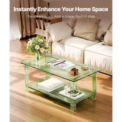 VEVOR Acrylic Coffee Table, 2 Tiers Center Table with Storage Shelf, Modern Rectangle Acrylic Coffee Desk, Ideal for Dining Room, Kitchen Island, Restaurant, Office, 19.7 x 31.5 x 15.7 in (Green)