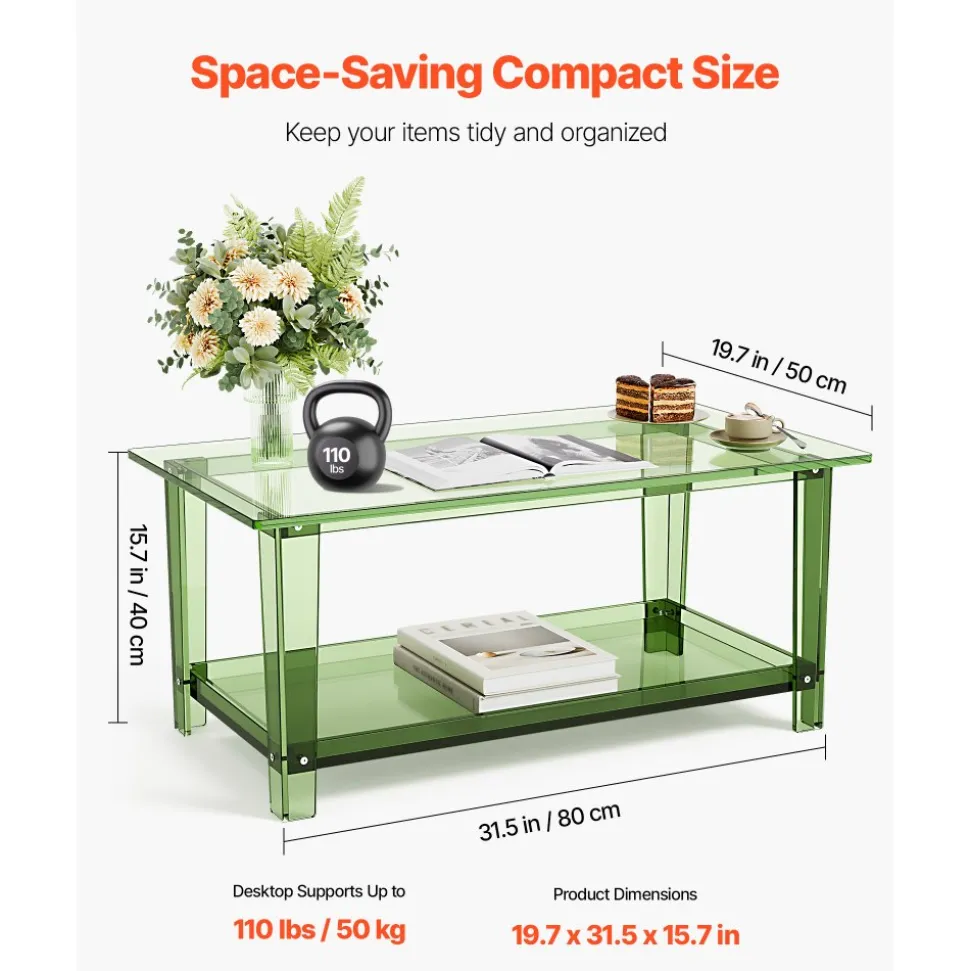 VEVOR Acrylic Coffee Table, 2 Tiers Center Table with Storage Shelf, Modern Rectangle Acrylic Coffee Desk, Ideal for Dining Room, Kitchen Island, Restaurant, Office, 19.7 x 31.5 x 15.7 in (Green)