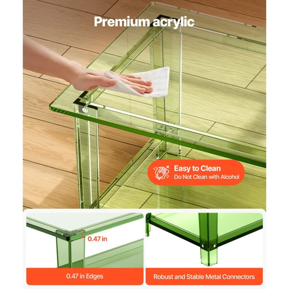 VEVOR Acrylic Coffee Table, 2 Tiers Center Table with Storage Shelf, Modern Rectangle Acrylic Coffee Desk, Ideal for Dining Room, Kitchen Island, Restaurant, Office, 19.7 x 31.5 x 15.7 in (Green)