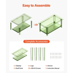 VEVOR Acrylic Coffee Table, 2 Tiers Center Table with Storage Shelf, Modern Rectangle Acrylic Coffee Desk, Ideal for Dining Room, Kitchen Island, Restaurant, Office, 19.7 x 31.5 x 15.7 in (Green)