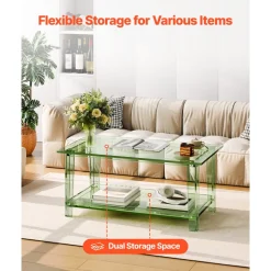 VEVOR Acrylic Coffee Table, 2 Tiers Center Table with Storage Shelf, Modern Rectangle Acrylic Coffee Desk, Ideal for Dining Room, Kitchen Island, Restaurant, Office, 19.7 x 31.5 x 15.7 in (Green)