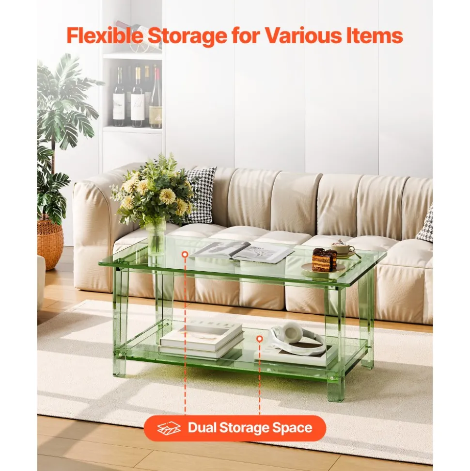 VEVOR Acrylic Coffee Table, 2 Tiers Center Table with Storage Shelf, Modern Rectangle Acrylic Coffee Desk, Ideal for Dining Room, Kitchen Island, Restaurant, Office, 19.7 x 31.5 x 15.7 in (Green)