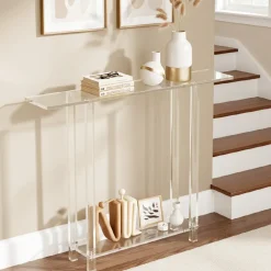 VEVOR Acrylic Console Table, 2 Tiers Narrow Side Desk with Bottom Open Storage, Modern Rectangle Acrylic End Table, Transparent Entry Desk for Foyer, Hallway, Living Room, 7.6 x 39.4 x 31.5 in (Clear)