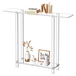 VEVOR Acrylic Console Table, 2 Tiers Narrow Side Desk with Bottom Open Storage, Modern Rectangle Acrylic End Table, Transparent Entry Desk for Foyer, Hallway, Living Room, 7.6 x 39.4 x 31.5 in (Clear)