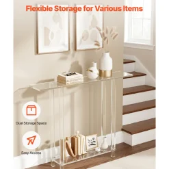 VEVOR Acrylic Console Table, 2 Tiers Narrow Side Desk with Bottom Open Storage, Modern Rectangle Acrylic End Table, Transparent Entry Desk for Foyer, Hallway, Living Room, 7.6 x 39.4 x 31.5 in (Clear)