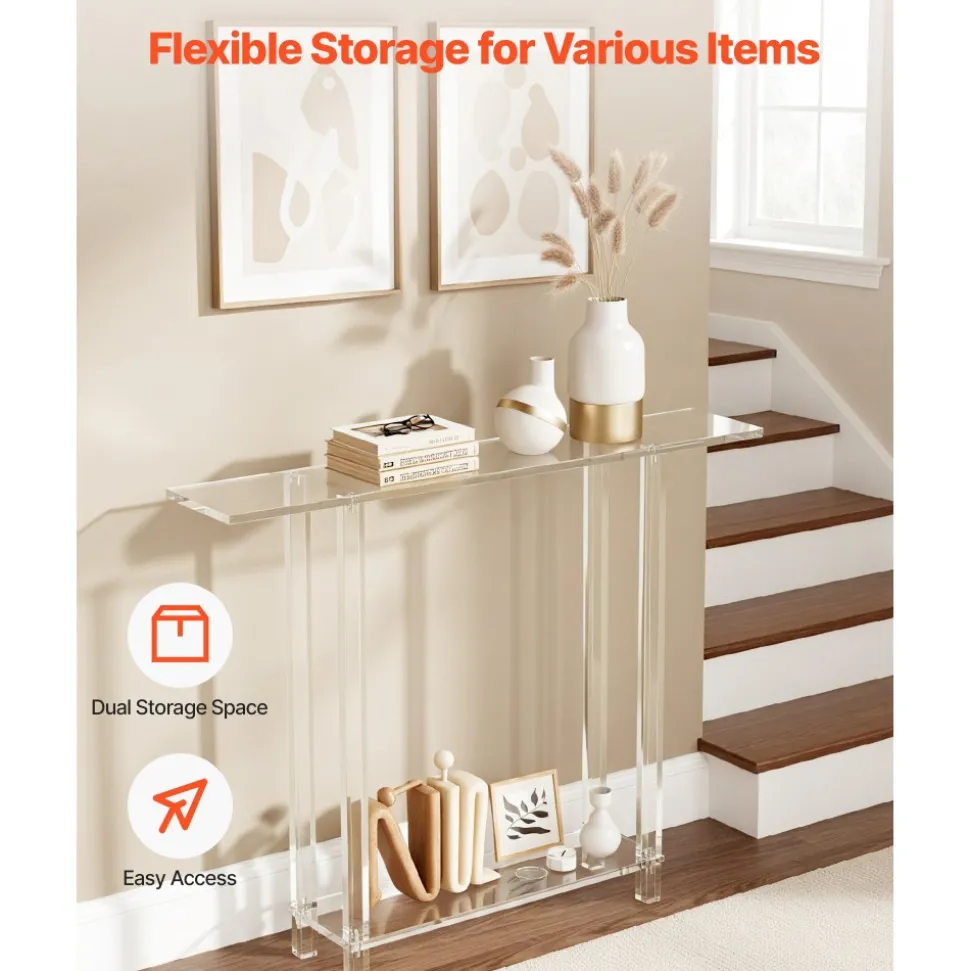 VEVOR Acrylic Console Table, 2 Tiers Narrow Side Desk with Bottom Open Storage, Modern Rectangle Acrylic End Table, Transparent Entry Desk for Foyer, Hallway, Living Room, 7.6 x 39.4 x 31.5 in (Clear)