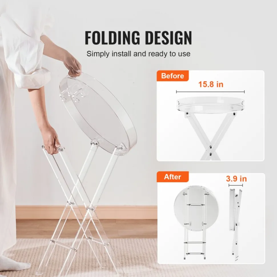 VEVOR Acrylic Folding Tray Table, Acrylic End Table with Folding X Leg, Clear Acrylic Side Table for Coffee, Drink, Food, Snack used in Living Room, Bedroom, and Study