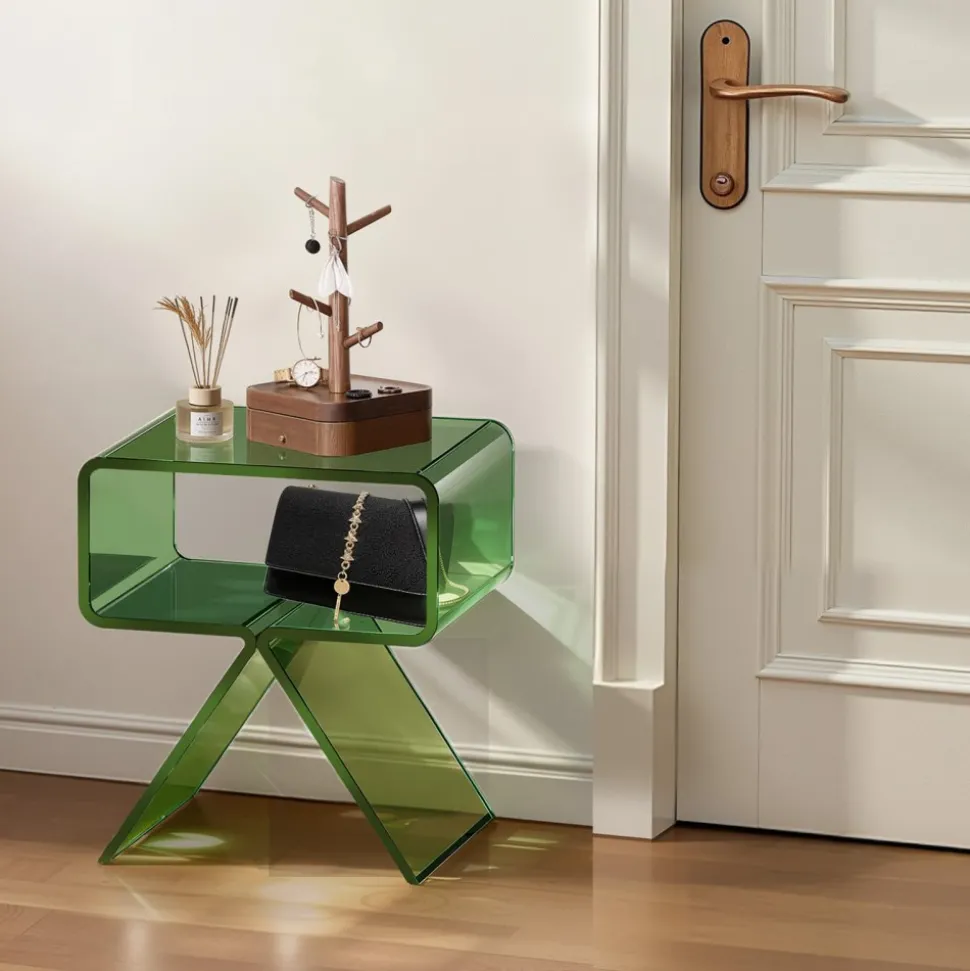 VEVOR Acrylic Nightstand Side Table, Modern Clear Bedside Table with Storage Shelf, Transparent Small End Desk for Living Room, Bedroom, Home Decor, No Assembly Needed, 11.8 x 15.4 x 17 in (Green)