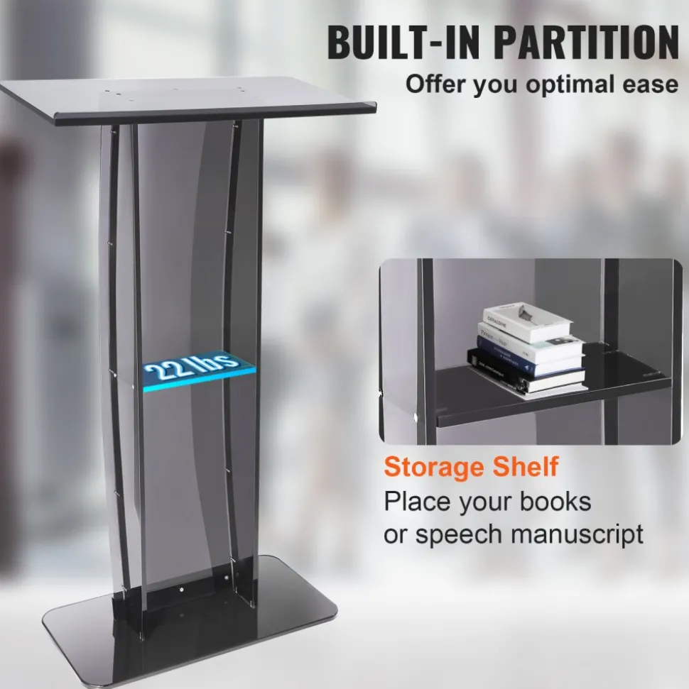 VEVOR Acrylic Podium, 47" Acrylic Podium Stand with Wide Reading Surface & Storage Shelf, Floor-standing Clear Pulpits Acrylic for Church Office School, Black