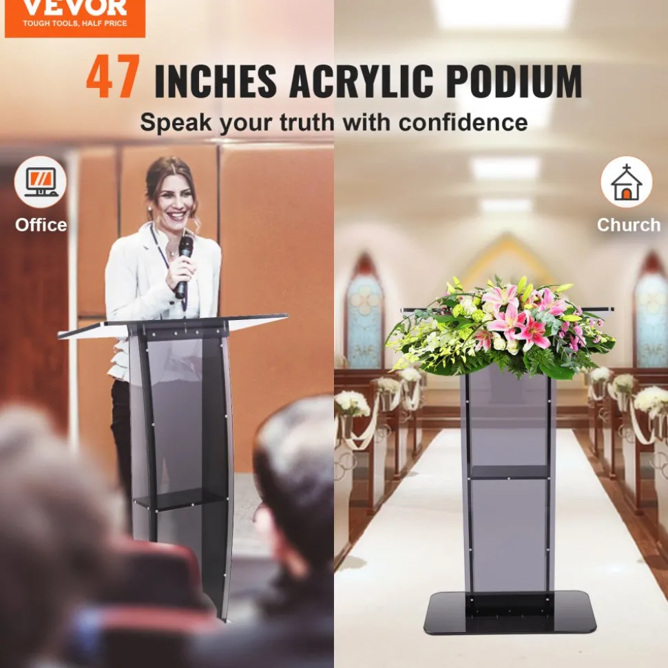 VEVOR Acrylic Podium, 47" Acrylic Podium Stand with Wide Reading Surface & Storage Shelf, Floor-standing Clear Pulpits Acrylic for Church Office School, Black
