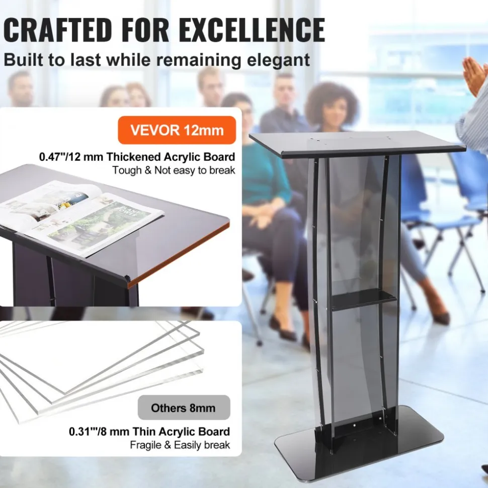 VEVOR Acrylic Podium, 47" Acrylic Podium Stand with Wide Reading Surface & Storage Shelf, Floor-standing Clear Pulpits Acrylic for Church Office School, Black