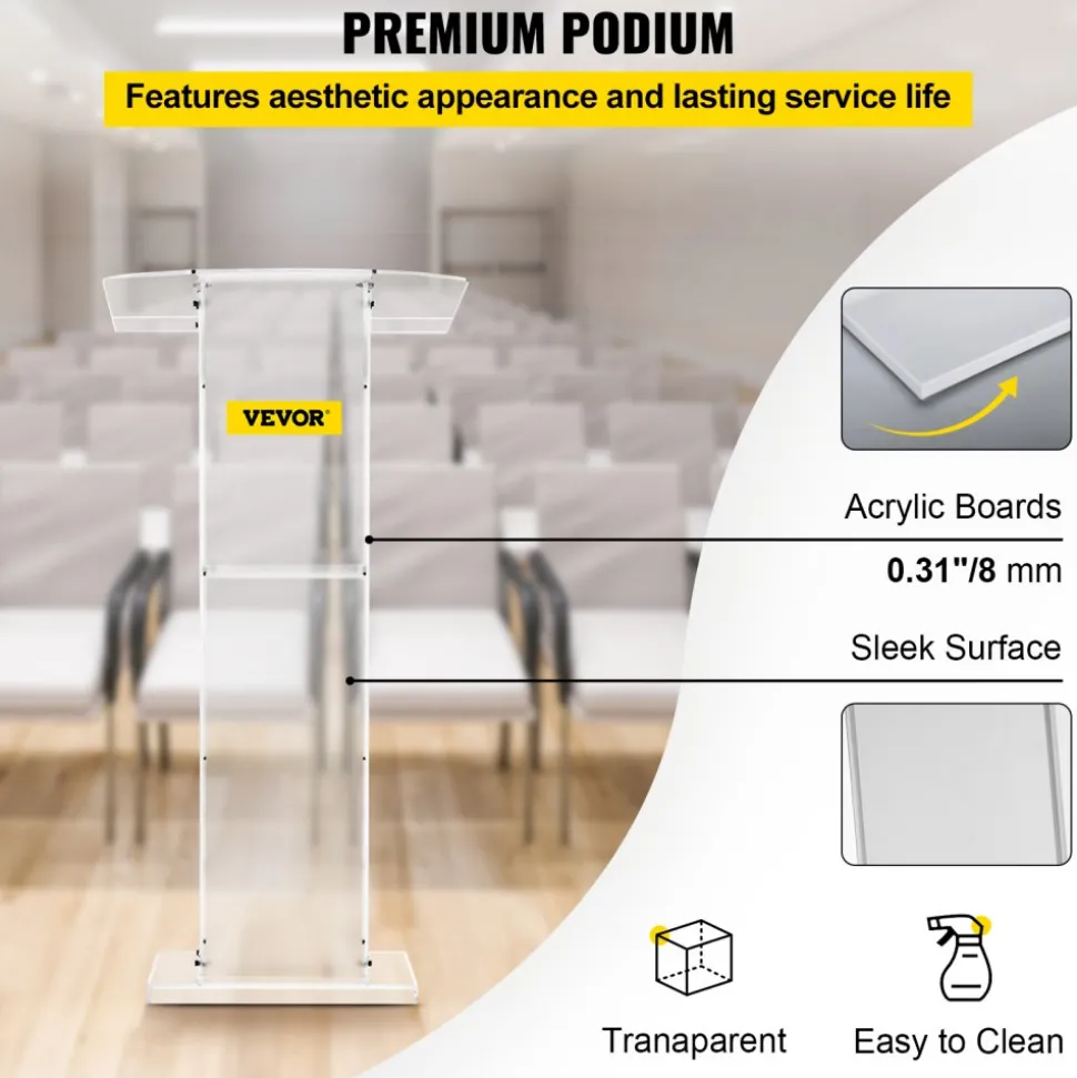 VEVOR Acrylic Podium 45" Tall Plexiglass Podium 26.8"x15" Table Acrylic Pulpits for Churches with 8 mm Thick Acrylic Board Acrylic Podiums and Lecterns Design for Lecture Recital Speech & Presentat
