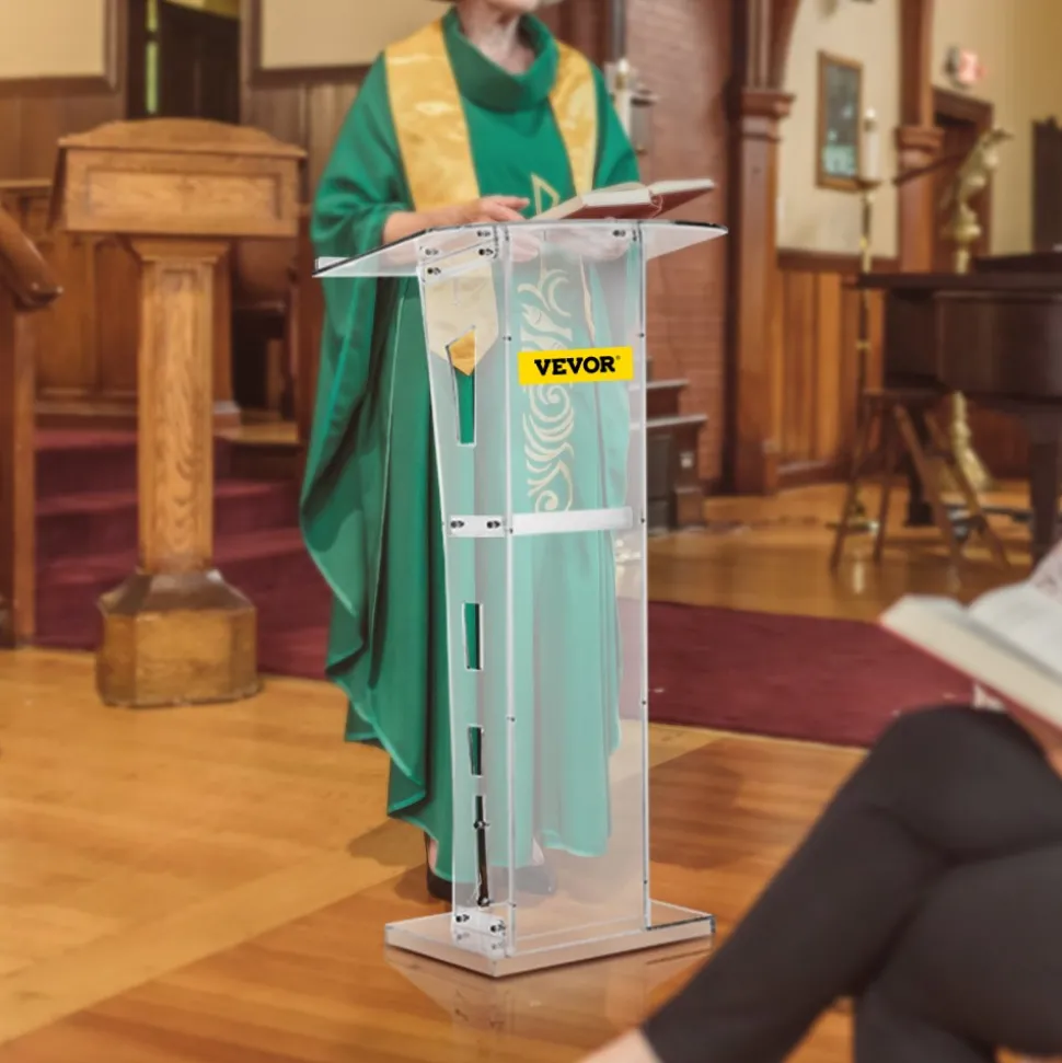 VEVOR Acrylic Podium 45" Tall Plexiglass Podium 26.8"x15" Table Acrylic Pulpits for Churches with 8 mm Thick Acrylic Board Acrylic Podiums and Lecterns Design for Lecture Recital Speech & Presentat
