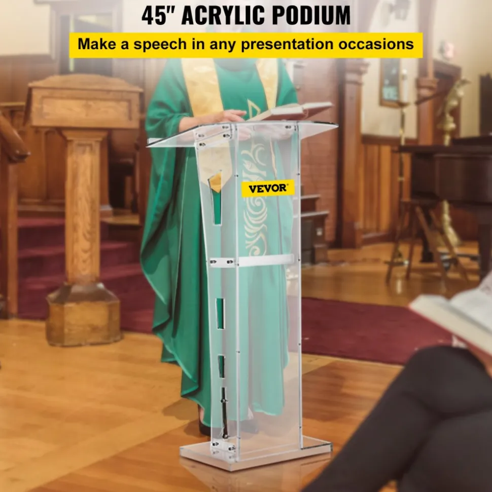 VEVOR Acrylic Podium 45" Tall Plexiglass Podium 26.8"x15" Table Acrylic Pulpits for Churches with 8 mm Thick Acrylic Board Acrylic Podiums and Lecterns Design for Lecture Recital Speech & Presentat