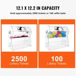 VEVOR Acrylic Raffle Drum, Professional Raffle Ticket Spinning Cage with 2 Keys, Transparent Lottery Spinning Drawing, Holds 2500 Tickets or 100 Raffle Balls,Raffle Ticket Box for Lottery Games Bingo