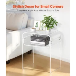 VEVOR Acrylic Side Table, 2 Tiers Clear Bedside Table with Storage Shelf, Modern Rectangle Acrylic End Desk, Transparent Thick Nightstand for Bedroom, Living Room, Study, 11.8 x 15.7 x 19.7 in (Clear)