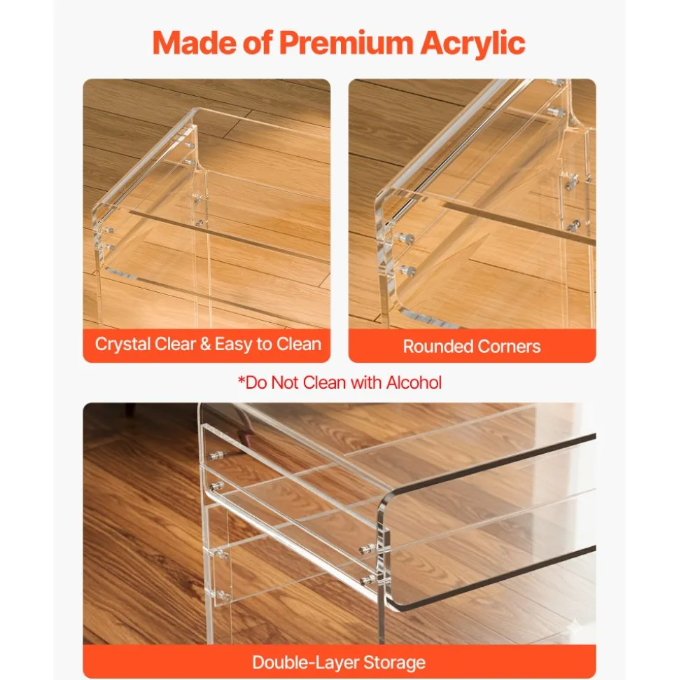 VEVOR Acrylic Table, 2 Tiers Clear End Table with Storage Shelf, Modern Rectangle Acrylic Side Desk, Transparent Thick Desk Nightstand for Bedroom, Office, Living Room, 15.7 x 33.5 x 29.5 in (Clear)