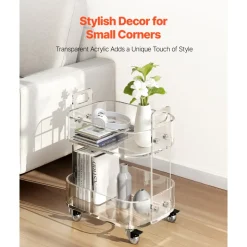 VEVOR Acrylic Table with Wheels, 2 Tiers Mobile Cart Table, Modern Rolling Acrylic Storage Desk, Clear Nightstand Side End Desk, for Living Room, Bedroom, Bar, Office, 12 x 16.3 x 18.9 in (Clear)
