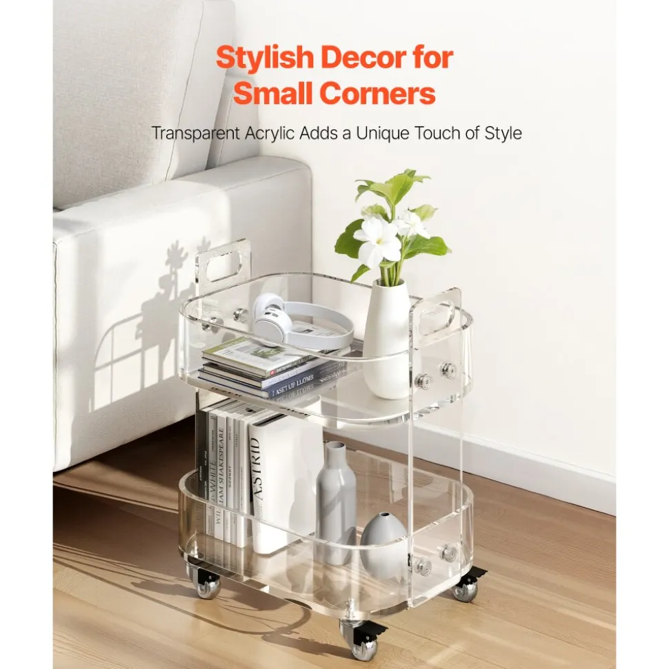 VEVOR Acrylic Table with Wheels, 2 Tiers Mobile Cart Table, Modern Rolling Acrylic Storage Desk, Clear Nightstand Side End Desk, for Living Room, Bedroom, Bar, Office, 12 x 16.3 x 18.9 in (Clear)