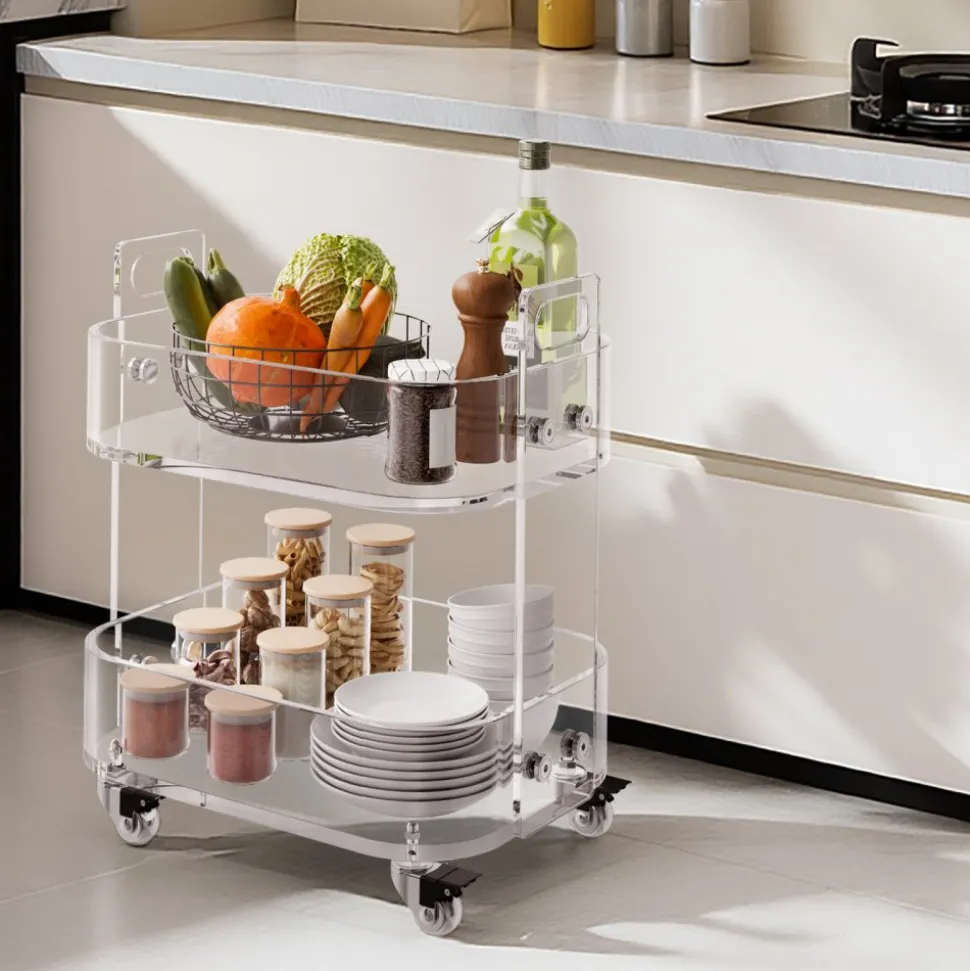 VEVOR Acrylic Table with Wheels, 2 Tiers Mobile Cart Table, Modern Rolling Acrylic Storage Desk, Clear Nightstand Side End Desk, for Living Room, Bedroom, Bar, Office, 12 x 16.3 x 18.9 in (Clear)