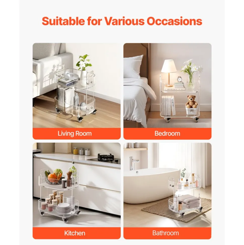 VEVOR Acrylic Table with Wheels, 2 Tiers Mobile Cart Table, Modern Rolling Acrylic Storage Desk, Clear Nightstand Side End Desk, for Living Room, Bedroom, Bar, Office, 12 x 16.3 x 18.9 in (Clear)