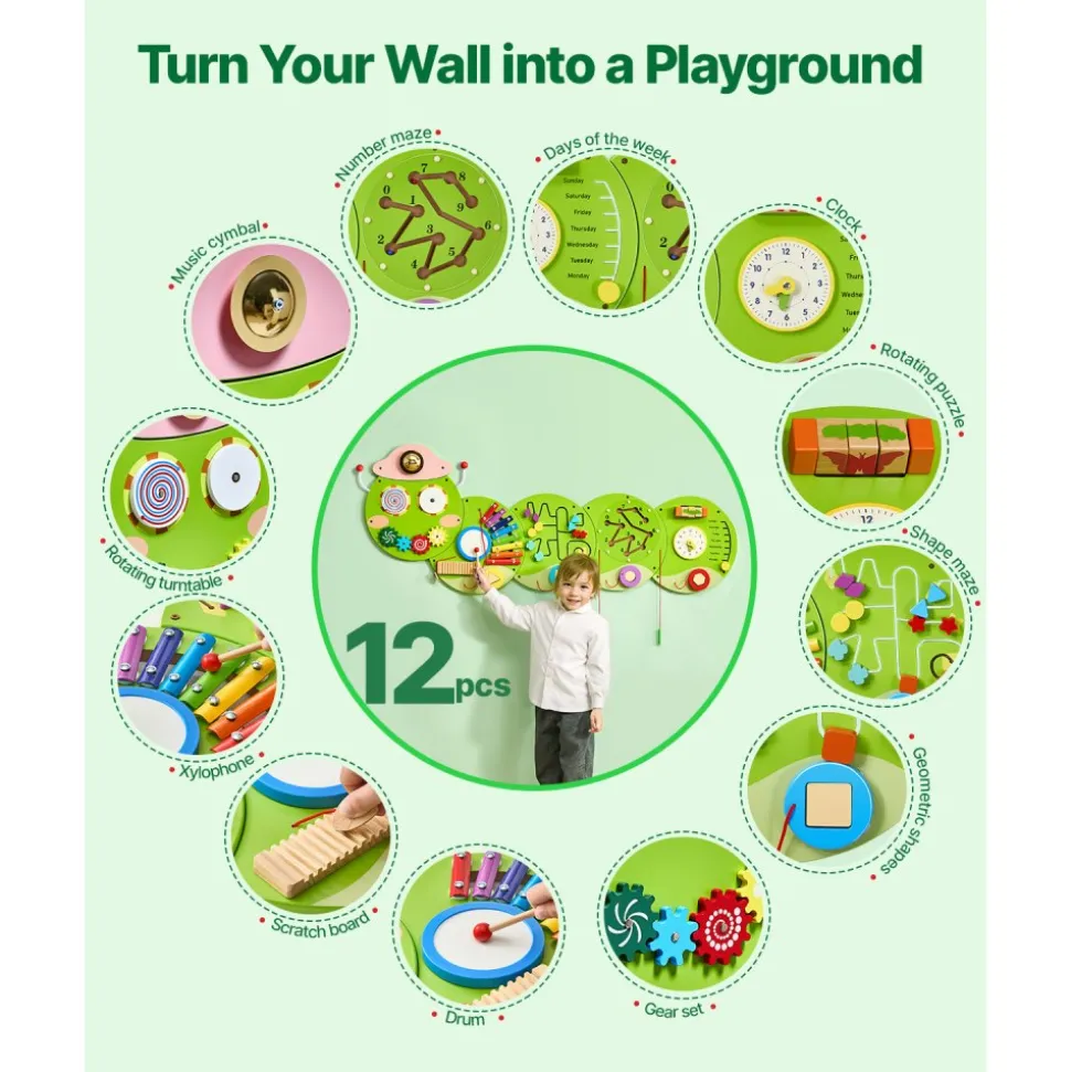 VEVOR Activity Wall Busy Board Panels, 12 Activities, Montessori Sensory Wall Panels Toy for Kids Ages 3-12, Interactive Learning Activity Center, Great for Toddler, Playroom, Nursery, Classroom