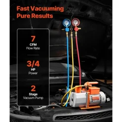 VEVOR AC Vacuum Pump and Gauge Set, 7 CFM 3/4 HP, Two Stage Rotary Vane HVAC Vacuum Pump, A/C Manifold Gauge Kit, for R134a R22 R410a, with Leak Detector Carry Bag Hose, for Auto HVAC Air Conditioning